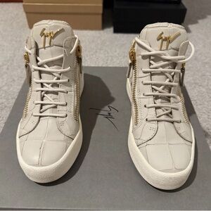 Giuseppe Zanotti Cream Croc-Embossed High Top Sneakers with Gold Accents